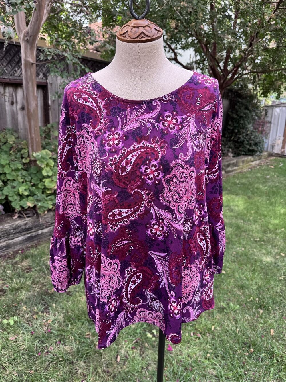 Westport Women's XL Petite Blouse Purple Paisley 3/4 Sleeve Keyhole Back Relaxed
